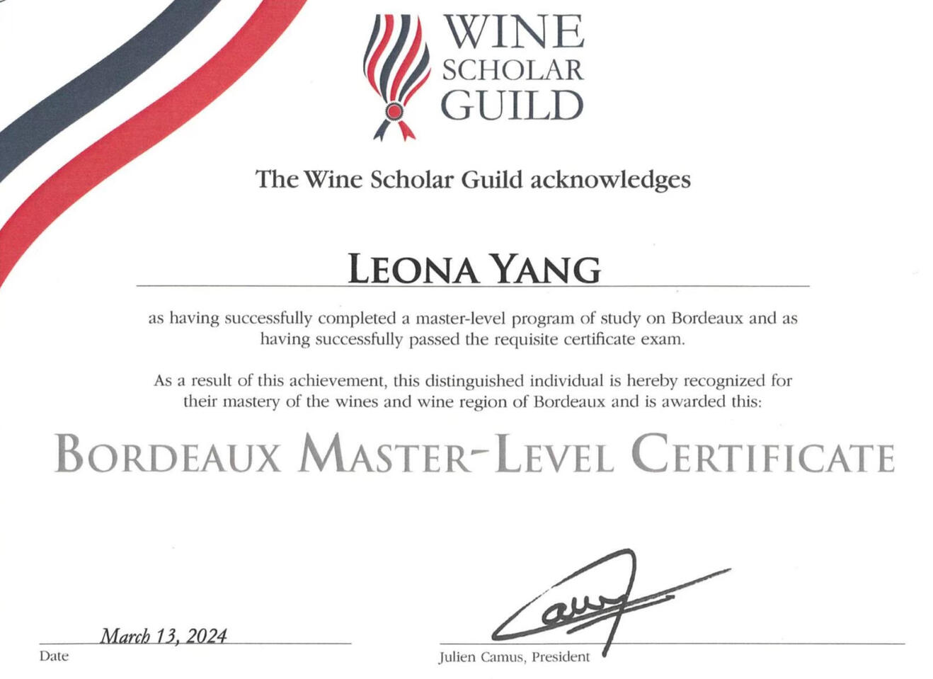 Wine Scholar Guild - Bordeaux Master-Level Certified in 2024
